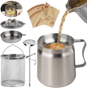 Sku030022 Sinyway 2l Oil Filter Pot Bacon Grease Saver With Strainer 68oz Steel Pour Silver