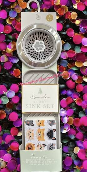 Spruce Lane 195010335713 3 Pc Kitchen Sink Strainer Printed Sponge Silicone Tray Paw Print Cats New