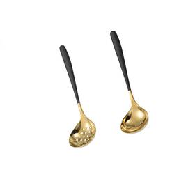 Strendier 894502859251 Black Gold Soup Ladle Colander Slotted Spoon Set Skimmer Strainer Gravy Sauce