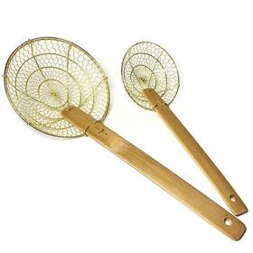 Uk-wgarlic-24h-3303 Sunrise 5 In And 7 Round Brass Spider Strainer Set With Bamboo Handles For Kitchen Uk-wgarlic-24h-3303 Sunrise 5 In And 7 Round Brass Spider Strainer Set With Bamboo Handles For Kitchen