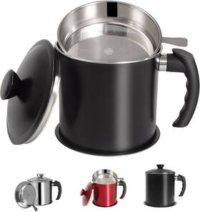 Tellshun 313097340363 Bacon Grease Container With Strainer 1.3 L / 44 Oz Stainless Steel Cooking Black