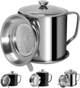 Youlvqi68 Tellshun Bacon Grease Container With Strainer 1.25 L / 42 Oz 42oz Silver