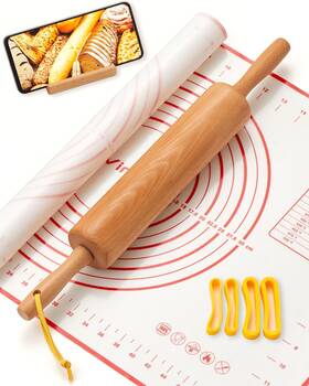 B0d9nz1l7t Vinoil Classic Wood Rolling Pin Set With Silicone Mat And Adjustable Rings - 17 Inch