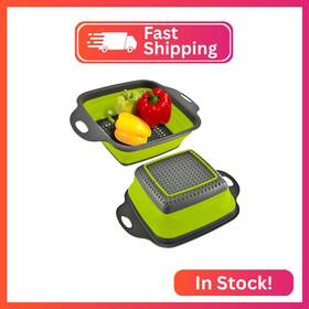 Fg3-squa Yarrd Square Collapsible Colander With Handles Green Silicone Kitchen Straine