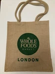 Whole Foods Market London Jute Tote Bag Brown England Uk New Burlap Natural. Fixed Price $59.99.