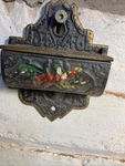 Vintage Cast Iron Wall Mounted Match Holder With Lid Marked Back - Mp. Fixed Price $36.00.