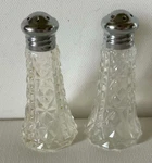 Vintage American Cut Glass Made Usa Patina Lid 2.75 Salt & Pepper Shakers. Fixed Price $10.90.