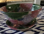 Handmade Studio Art Pottery Berry Bowl Colander Set Signed Ceramic Pink Green 7". Fixed Price $24.00.