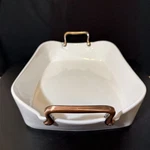 Denmark Tools For Cooks, White Porcelain Casserole Dish W/ Copper Plated Handles. Fixed Price $25.00.