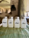 Vintage Milk Glass Shaker Set Salt Pepper Sugar Flour Art Deco. Fixed Price $120.00.