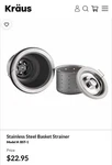 Kraus Bst 1 Stainless Steel Sink Basket Strainer Gray. Fixed Price $11.00.