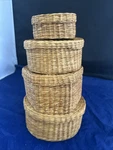 Vintage Natural Handmade Seagrass Nesting Baskets Set With Lids (4). Fixed Price $25.00.