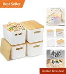 Elegant White Storage Bins With Natural Bamboo Lids 4 Pack For Easy Organizing. Fixed Price $51.29.