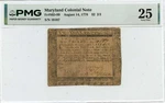 1776 August 14, $2 2/3 Maryland Colonial Note FR#MD-99 Pmg VF25. Fixed Price $304.99.