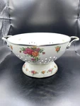 Old Country Rose Enamel Colander Handles Pedestal Base White/ Pattern Vtg. Fixed Price $45.99.
