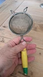Primitive Vtg. Yellow Wood Handle Steel Mesh Strainer 3"WX2D" Colander. Fixed Price $18.04.