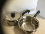 Vintage Saladmaster 8" Lidded Saucepan & Strainer 18-8 Tri Clad Stainless Usa. Fixed Price $60.00.