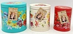 (3) Pioneer Women Floral Tin Canisters Turquoise 6.5", Linen 6", Red 5.5". Fixed Price $87.50.