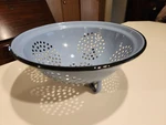 Vintage Light Blue Footed Enamel Colander Strainer Black Trim 9.25". Fixed Price $15.00.
