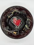 Pottery Black Colorful Bowl Dish Musical Instruments Heart Center Signed. Fixed Price $17.50.