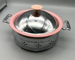 Mid Century Kitchen Pink Casserole Dish 3 Piece Ceramic Bowl Chrome Holder Lid. Fixed Price $28.00.