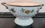 Tabletops Unlimited White Enamel Colander With Fruit Pattern 8.5" Wide. Fixed Price $19.95.