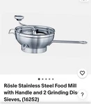 Rosle 16252 Stainless Steel Passetout Food Mill 23 Cm 9.1". Fixed Price $175.00.