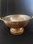 Vintage Copper-tone Metal Colander Strainer W/ Handles, Pedestal Base 10-15IN. Fixed Price $89.99.