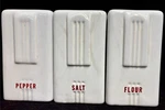 Set Of 3 Vintage White Ceramic Stovetop Shakers; Art Deco Style Sugar Salt Flour. Fixed Price $28.00.