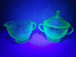 1932 Hazel Atlas Covered Uranium Sugar Bowl W/ Lid & Creamer "florentine NO.1". Fixed Price $31.42.