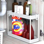 Simple Houseware 2-TIER Under Sink Organizer Storage Tray With Hooks, White. Fixed Price $23.15.