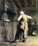 Woman Baking Bread Wood Oven Rural French 1852 Painting By Jean F. Millet Repro. Fixed Price $79.00.