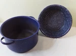 Vtg 9.5" Colander Enamelware Strainer & 9.75" Dark Blue Stockpot - Rustic. Fixed Price $13.50.