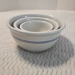 Vintage Lot Of 3 Gibson Stoneware Mixing Bowl White Blue Stripe Nesting 6, 8, 10. Fixed Price $59.78.