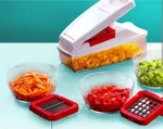 Genius Nicer Manual Push Food Chopper/dicer W/ Container, Red/white. Fixed Price $55.00.