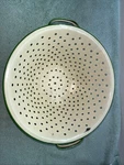 Vintage Old Farmhouse Cream & Green Enamel Footed Colander - 10 5/8 Diameter. Fixed Price $22.98.