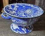 Blue & White Swirl Enamelware Colander 2 Handles Euc. Fixed Price $15.00.