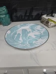 Golden Rabbit Enamelware Swirl Pattern 12.5" Cake Plate Aqua Sea Glass Used. Fixed Price $30.00.