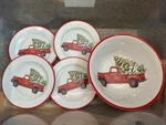 Modern Southern Home Serving Bowl, Red Truck Hauling Christmas Tree, 4 Plates. Fixed Price $32.99.