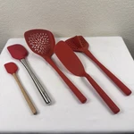 Tovolo Silicone Kitchen Tools 5 Piece Set Red, Veggie, Meat, Flipper, Spatulas. Fixed Price $35.00.