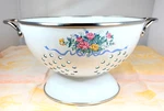 80S White Enamel & Steel Strainer/colander Floral, Blue Ribbon, Stainless Trim. Fixed Price $22.00.